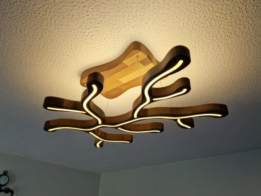 An abstract, organic-shaped ceiling light fixture made of layered dark wood and illuminated with warm white LED strips, shown installed on a textured white ceiling.