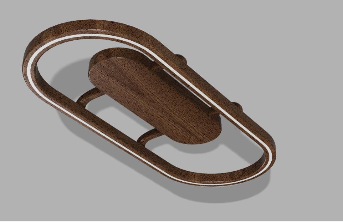A 3D rendering of a dark brown wooden oval pendant light fixture with a curved open frame and integrated white LED light strip along the inner edge, shown on a solid gray background.
