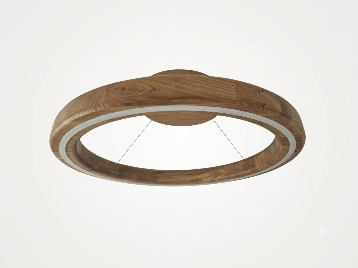 A modern circular ceiling light fixture with a natural wood outer ring and a white inner ring, suspended by thin cables against a plain white background.