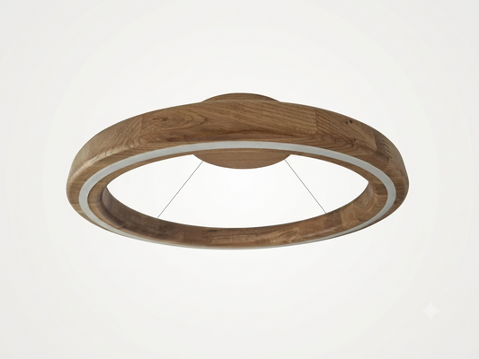A modern circular ceiling light fixture with a natural wood outer ring and a white inner ring, suspended by thin cables against a plain white background.