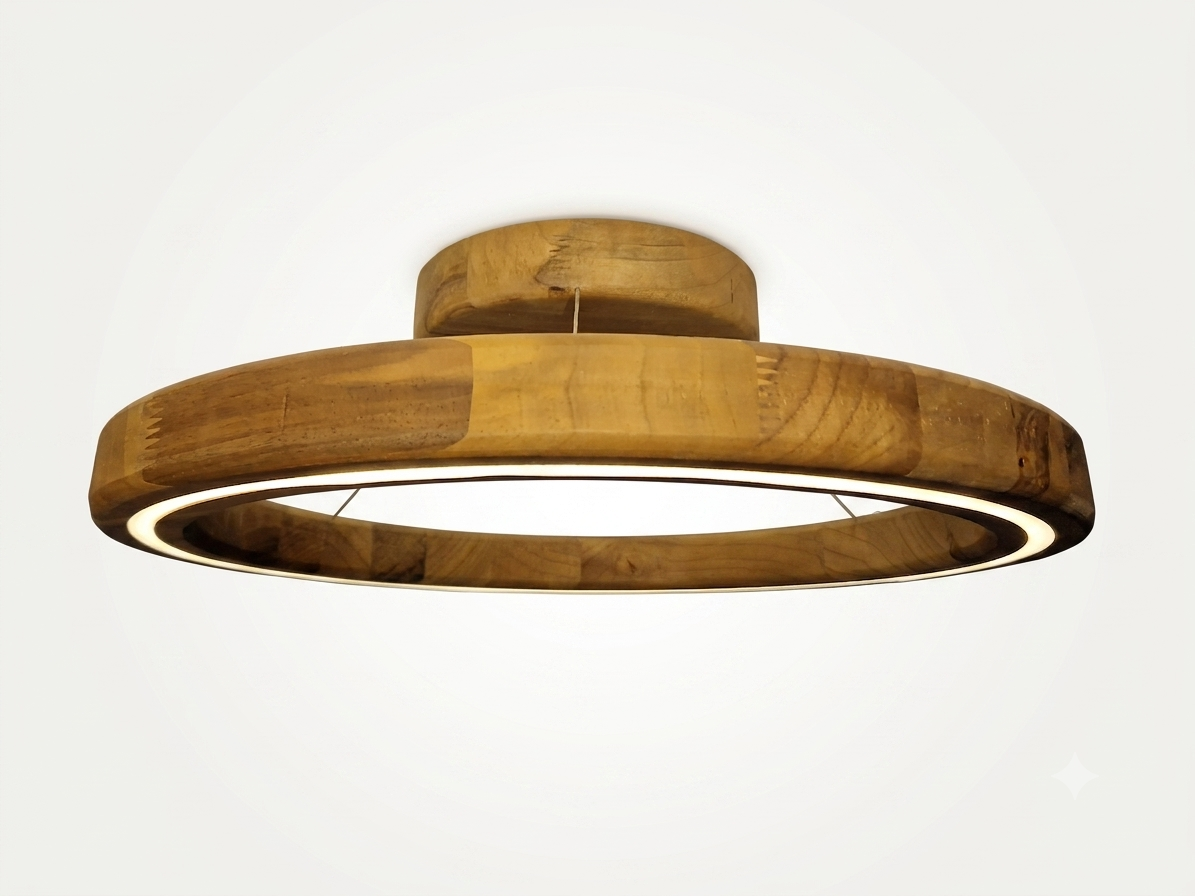 A modern circular ceiling light fixture made of natural wood with a warm golden-brown finish, featuring a glowing white LED ring, shown against a plain white background.