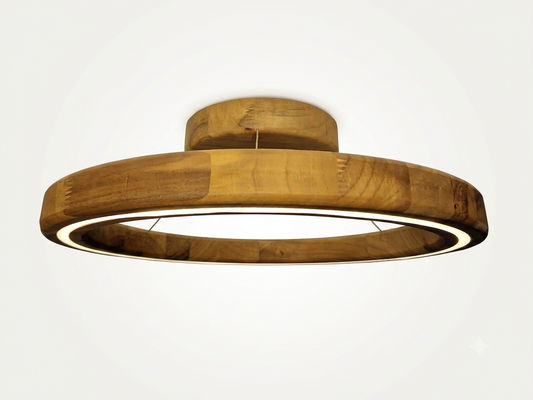 A modern circular ceiling light fixture made of natural wood with a warm golden-brown finish, featuring a glowing white LED ring, shown against a plain white background.