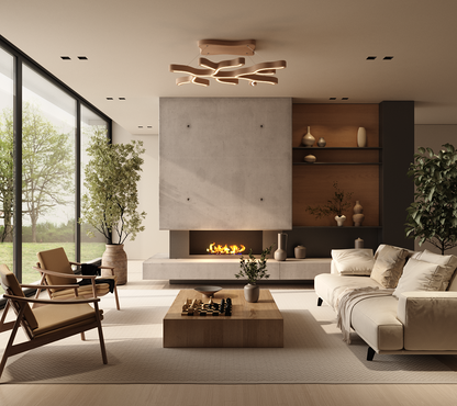 A modern living room interior with a beige sofa, wooden coffee table, two brown armchairs, a concrete fireplace wall, built-in shelving, large floor-to-ceiling windows, and a sculptural wooden ceiling light.