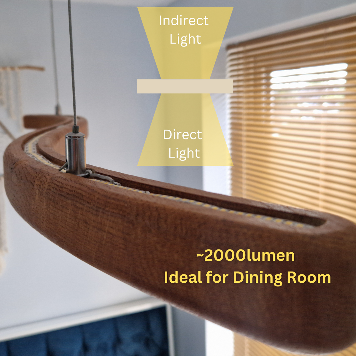 A curved wooden pendant light fixture shown in a real interior setting with window blinds, overlaid with yellow callouts reading 'Indirect Light,' 'Direct Light,' and '~2000lumen Ideal for Dining Room.'.