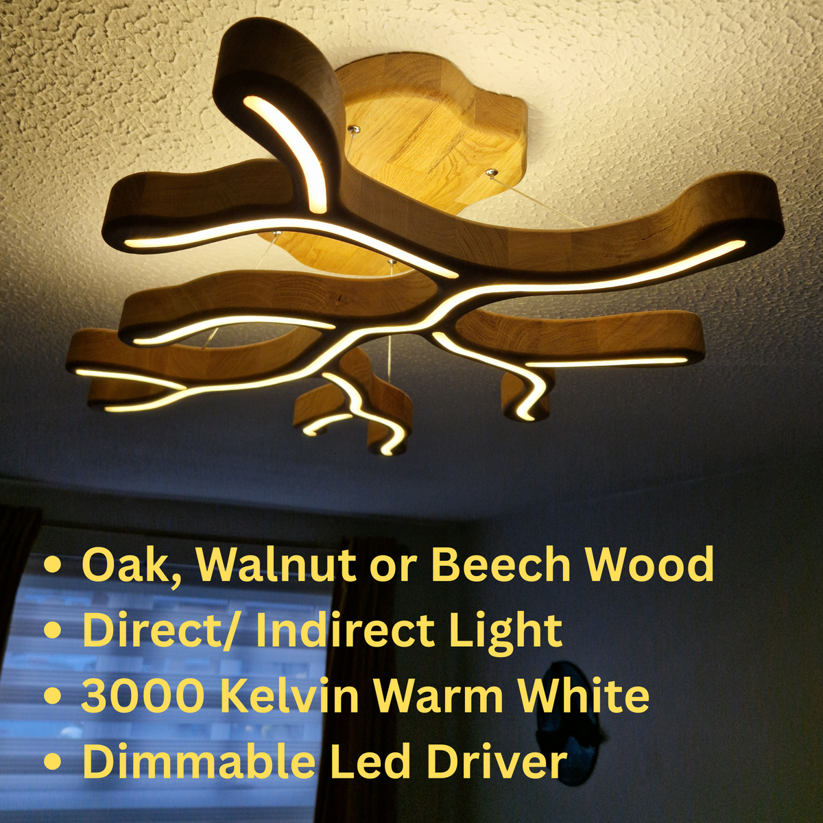 A modern wavy wood ceiling light fixture with integrated warm white LED strips, shown installed on a textured ceiling in a room. Yellow text on the right lists features: Oak, Walnut or Beech Wood, Direct/ Indirect Light, 3000 Kelvin Warm White, and Dimmable Led Driver.