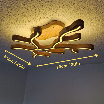 Wooden ceiling light fixture with curved branches and integrated warm white LED strips, shown installed on a textured ceiling with dimension arrows and labels reading 51cm / 20in and 76cm / 30in.
