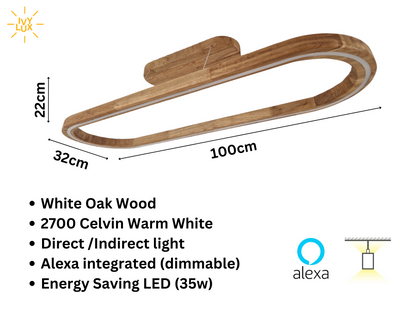 An LED light bar fixture made of white oak wood, shown with dimension lines indicating 100cm length, 22cm height, and 32cm width. The image includes text specifications (White Oak Wood, 2700 Kelvin Warm White, Direct/Indirect light, Alexa integrated, Energy Saving LED) and brand logos for IVY LUX and Alexa.