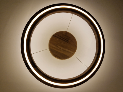 A modern circular ceiling light fixture with a glowing warm white LED ring and a natural wood central hub, photographed from directly below against a matching light-colored ceiling.