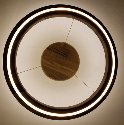 A modern circular ceiling light fixture with a glowing white LED ring and a central round wooden disc, photographed from below against a plain light background.