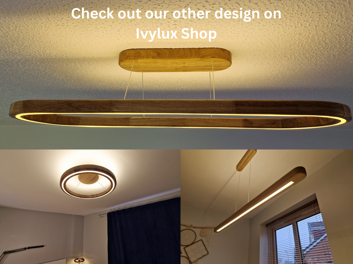 A modern linear LED ceiling light with a natural wood frame and a warm glowing light, shown in a three-panel collage. The top panel shows the light installed on a textured ceiling with a text overlay reading 'Check out our other design on Ivylux Shop'.