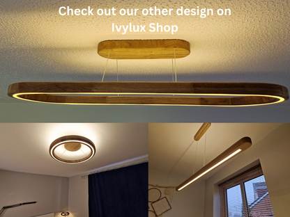 A modern linear LED ceiling light with a natural wood frame and a warm glowing light, shown in a three-panel collage. The top panel shows the light installed on a textured ceiling with a text overlay reading 'Check out our other design on Ivylux Shop'.