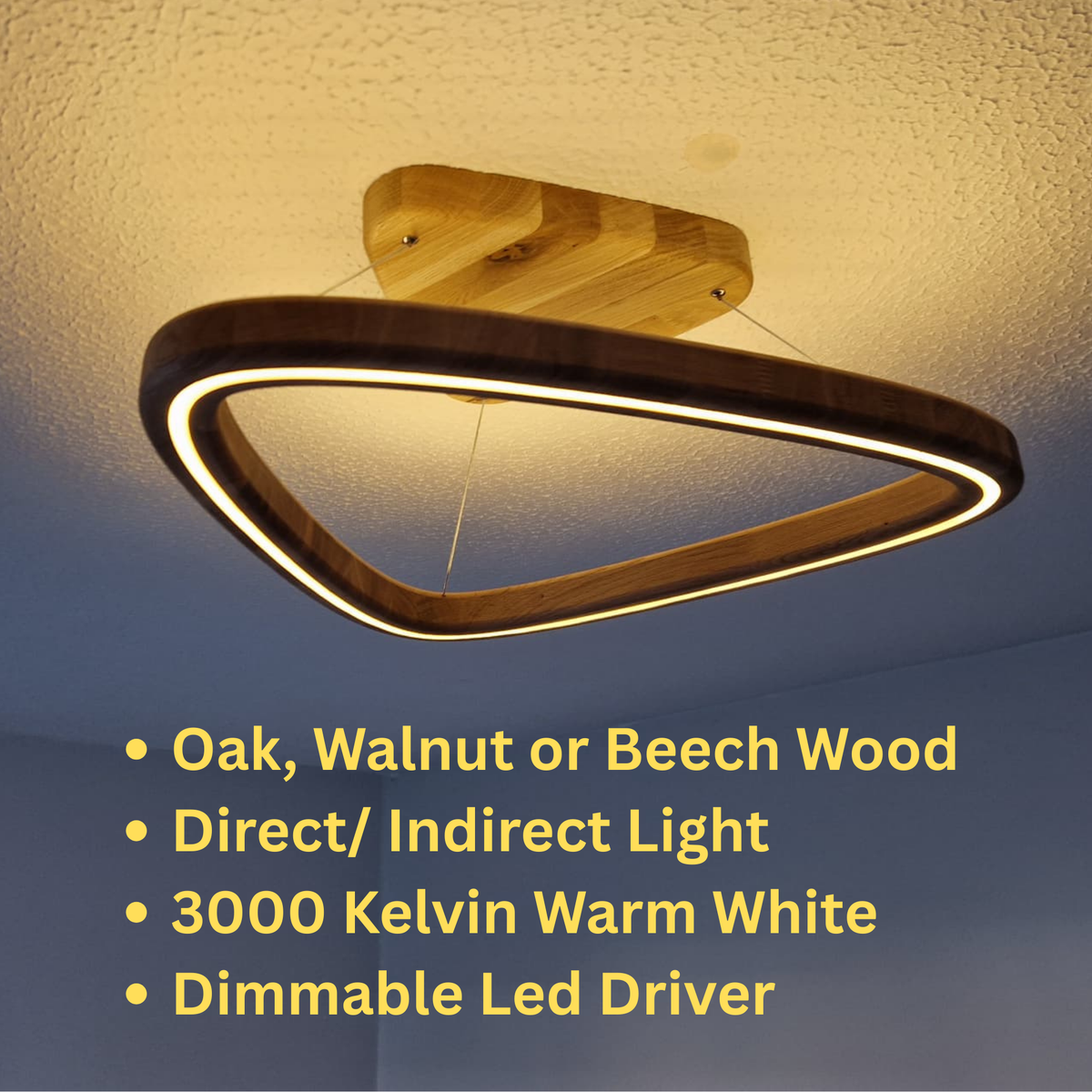 Triangular LED ring ceiling light with a dark wood frame and warm white light, shown installed on a textured ceiling with yellow text overlays detailing product features.
