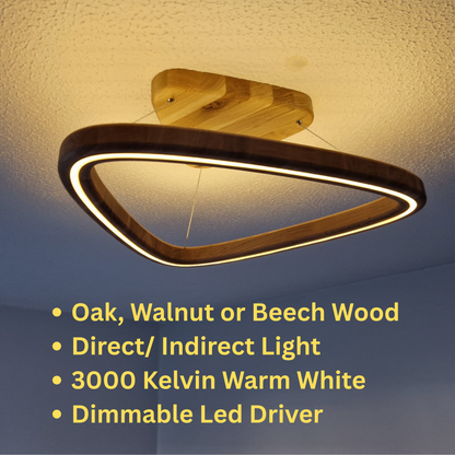 Triangular LED ring ceiling light with a dark wood frame and warm white light, shown installed on a textured ceiling with yellow text overlays detailing product features.