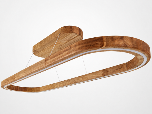 A modern oval LED ceiling light fixture with a natural wood frame and a white inner trim, suspended by thin cables against a plain white background.