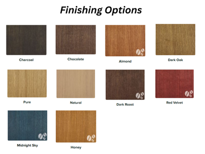 A color options chart titled 'Finishing Options' showing ten wood-look finish samples with labels: Charcoal, Chocolate, Almond, Dark Oak, Pure, Natural, Dark Roast, Red Velvet, Midnight Sky, and Honey. Each square swatch shows a different wood finish color on a white background.