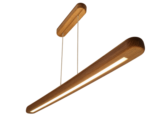 A modern linear LED pendant light with a warm wood grain finish and a glowing light bar, suspended by thin cables from an oval ceiling mount against a solid white background.