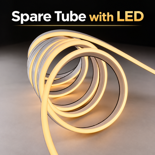 A coiled spare LED tube light with warm white illumination, shown on a dark studio background with the text 'Spare Tube with LED' at the top.