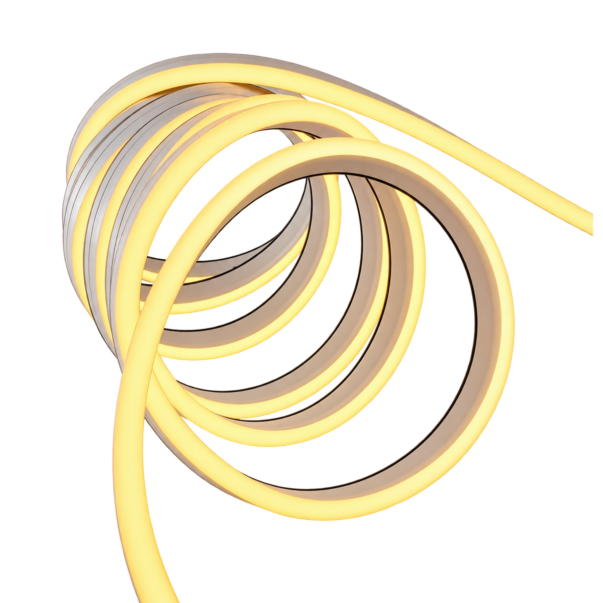 A coiled yellow neon tube light on a solid white background, showing its glowing inner tube and dark outer casing.