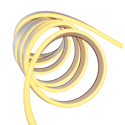 A coiled yellow neon tube light on a solid white background, showing its glowing inner tube and dark outer casing.