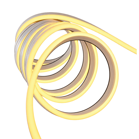 A coiled yellow neon tube light on a solid white background, showing its glowing inner tube and dark outer casing.