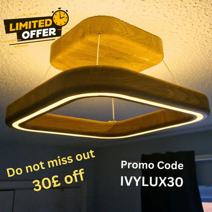 A modern square LED ceiling light fixture made of natural wood, shown illuminated in a home ceiling environment. The image includes promotional text overlays 'LIMITED OFFER', 'Do not miss out 30£ off', and 'Promo Code IVYLUX30'.