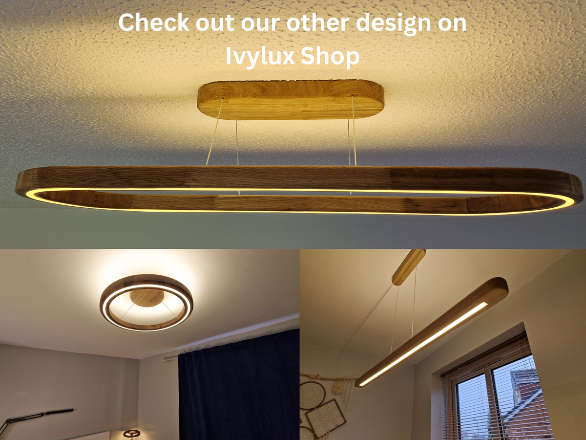 A modern linear LED ceiling light with a natural wood frame and a warm glowing light, shown in a three-panel collage. The top panel shows the light installed on a textured ceiling with a text overlay reading 'Check out our other design on Ivylux Shop'.