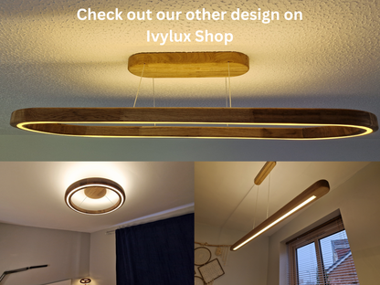 A modern linear LED ceiling light with a natural wood frame and a warm glowing light, shown in a three-panel collage. The top panel shows the light installed on a textured ceiling with a text overlay reading 'Check out our other design on Ivylux Shop'.
