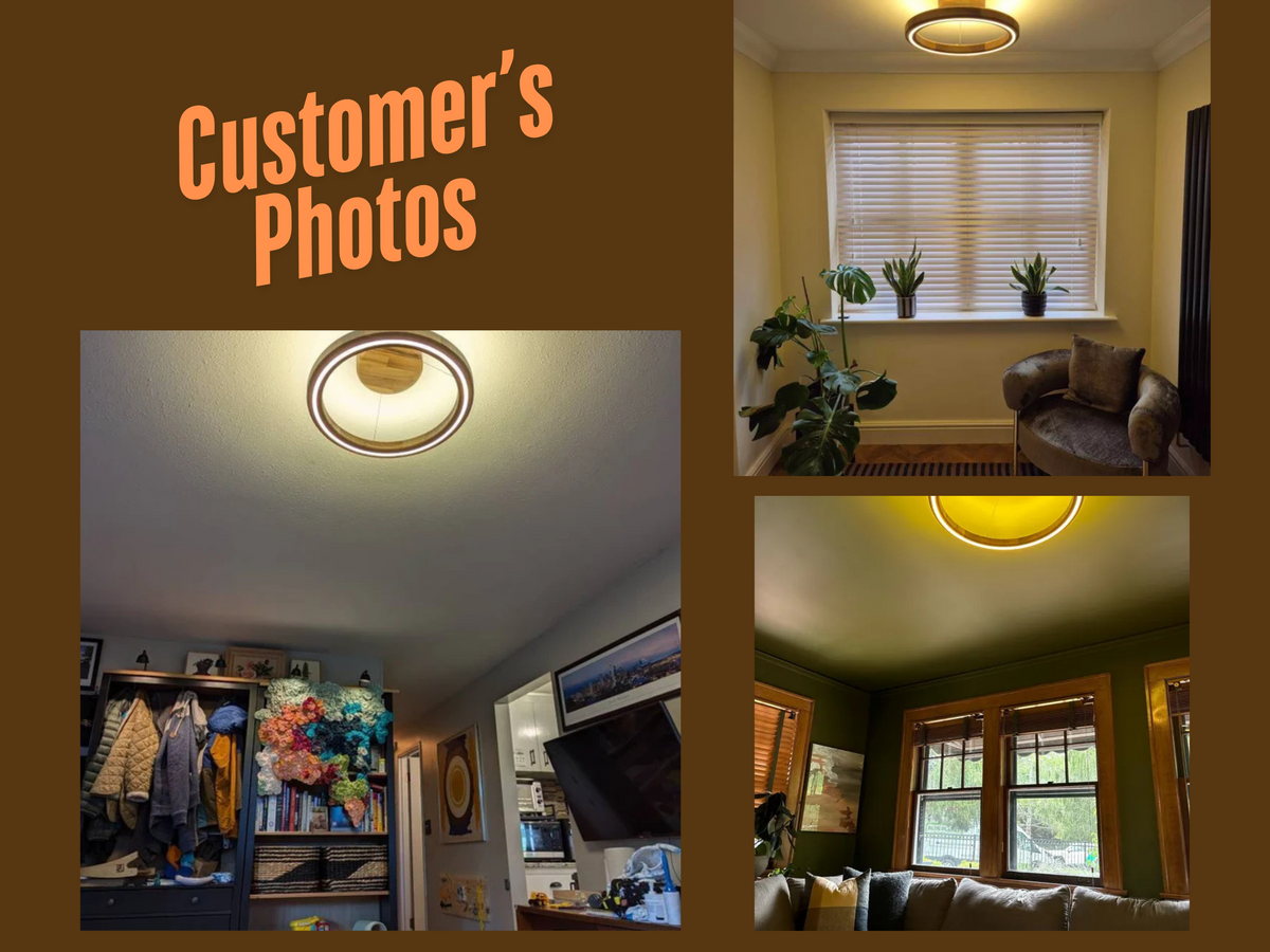 A collage with the text 'Customer's Photos' on a brown background, showing three interior room photos highlighting a ceiling light fixture in different real environments.