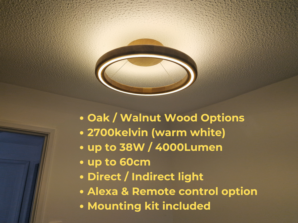 A circular flush-mount ceiling light fixture with a warm white LED ring and a wood-look outer frame, shown installed on a textured ceiling in a room. Yellow text on the right lists product features and options.