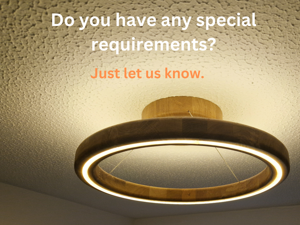 A modern flush-mount ceiling light with a circular LED ring and a natural wood frame, shown installed on a textured white ceiling. White and orange text overlays at the top read: 'Do you have any special requirements? Just let us know.
