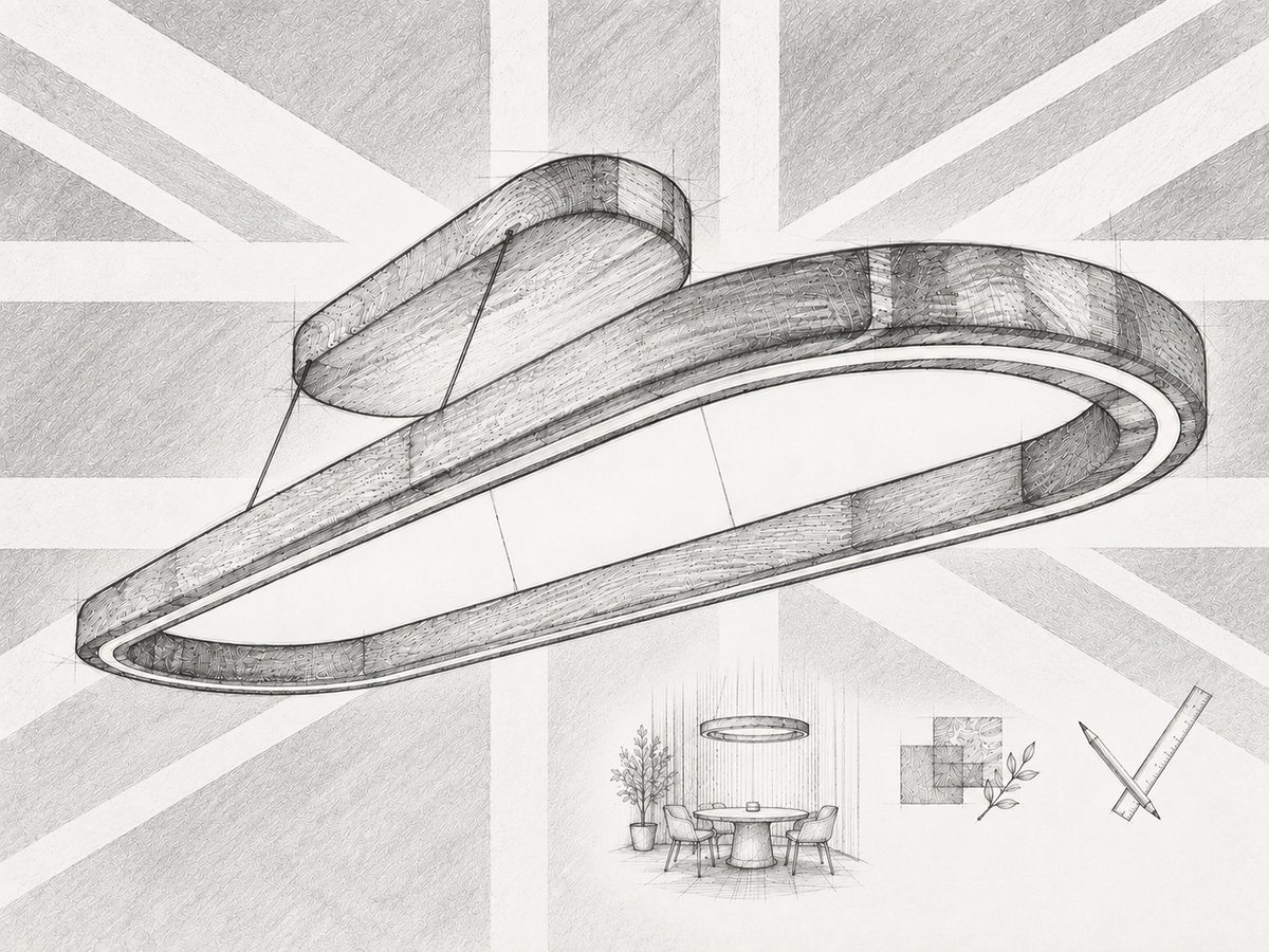A monochrome pencil-style illustration of a modern oval pendant light fixture with layered curved arms, shown against a Union Jack background with small interior design sketches below. Bespoke Oak wood pendant.
