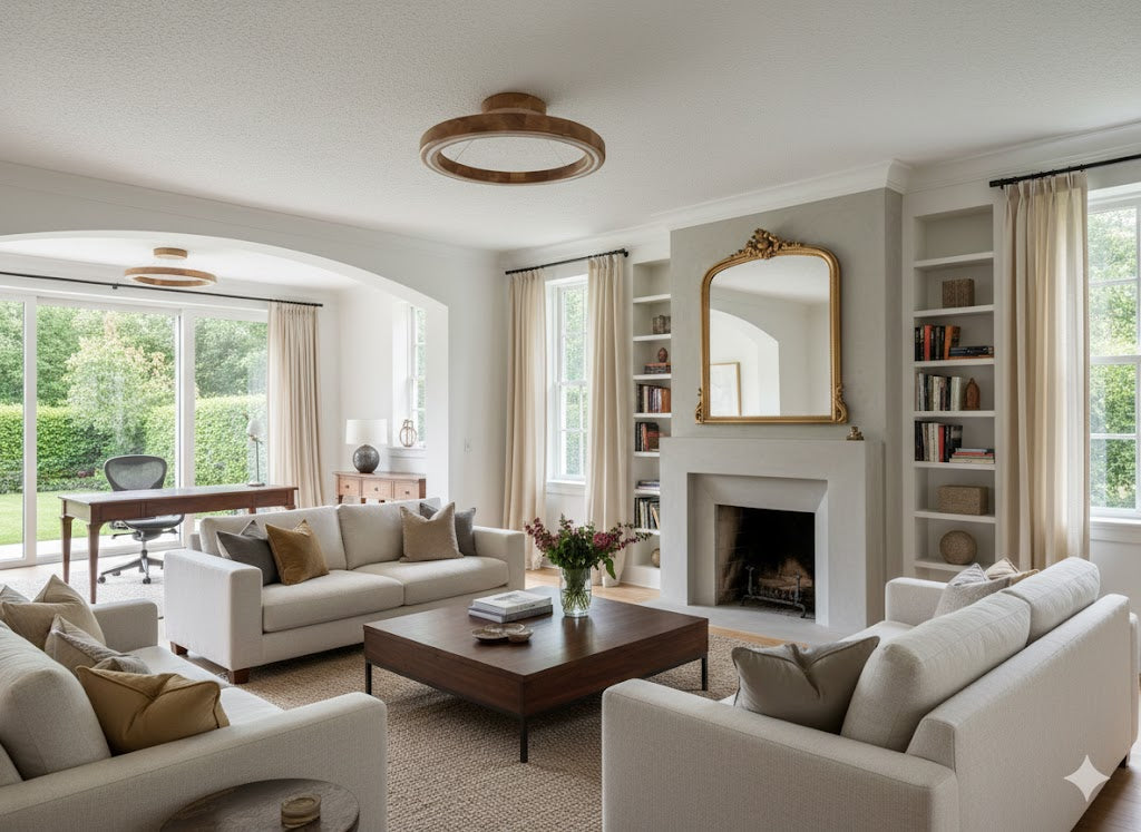 A bright, modern living room featuring a white sofa set, a dark wood coffee table, beige curtains, built-in bookshelves, and a white fireplace with a gold mirror.