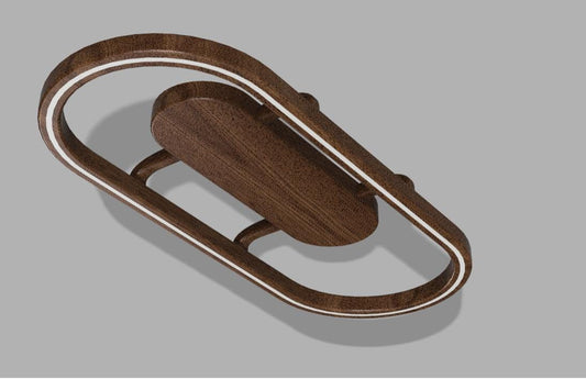 A 3D rendering of a dark brown wooden oval pendant light fixture with a curved open frame and integrated white LED light strip along the inner edge, shown on a solid gray background.